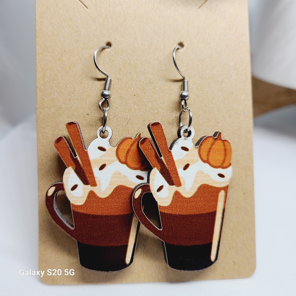 Fall Pumpkin Spice Latte Coffee Earrings Autumn Halloween Thanksgiving NWOT - Picture 2 of 3